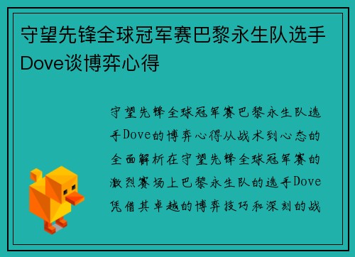 守望先锋全球冠军赛巴黎永生队选手Dove谈博弈心得